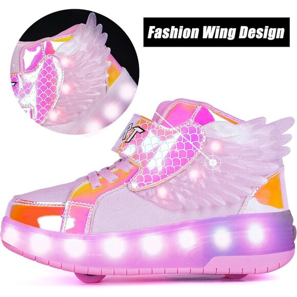 Kid's Girls Pink USB Chargable LED Lighting Roller Wheeled Skate Sneaker Shoes - Picture 2 of 7